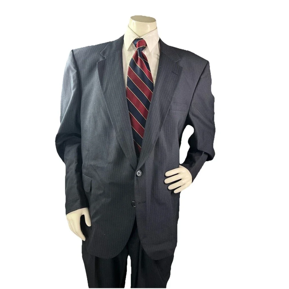 Vintage CARTIER 2pc Men Suit Navy Blue 100% Wool Pinstriped 52L 48x34